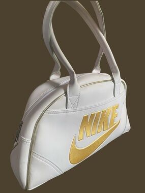 Retro/Vintage Nike White and Gold Duffel-Style Handbag